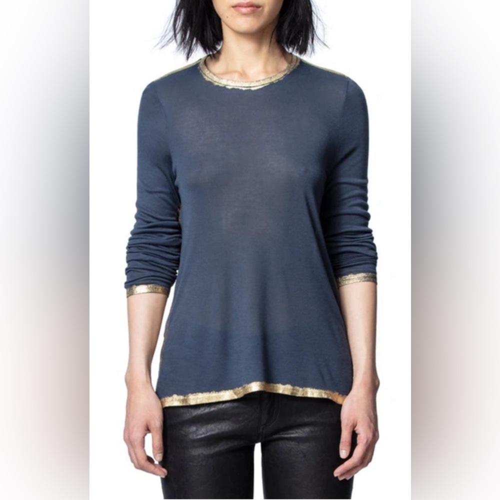 Zadig & Voltaire Willy Gold Foil Navy Long Sleeve Top Parisian Rocker Chic